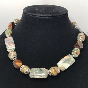 Semiprecious Jasper Tigers Eye Stone 19”L Necklace Toggle Clasp Handmade EVC
